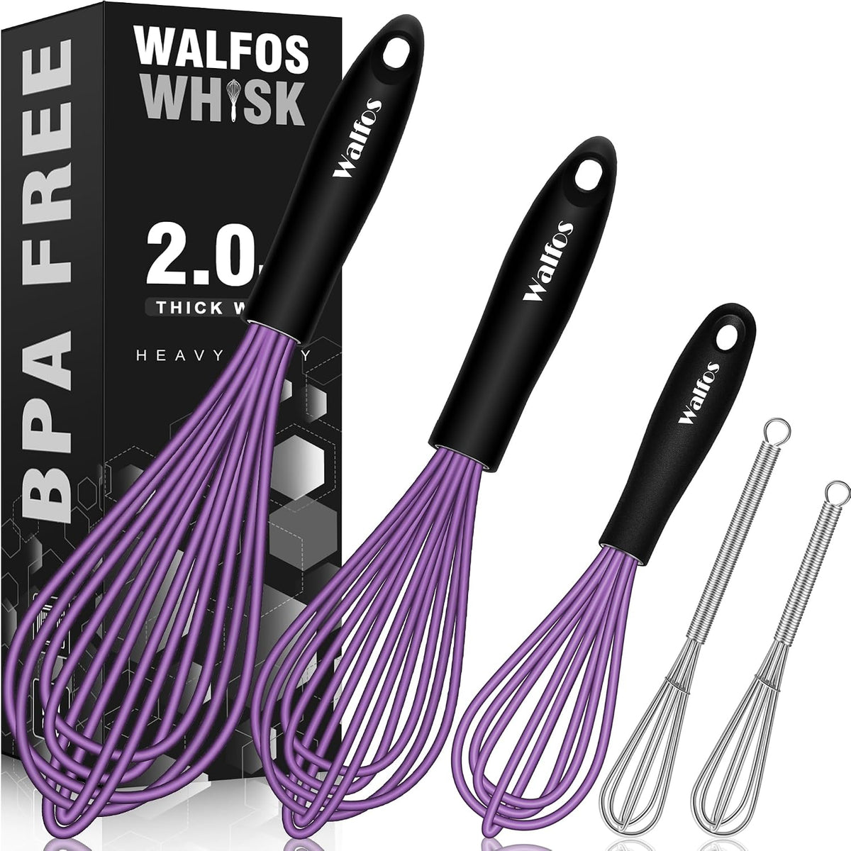 Whisk, Silicone Whisk Heat Resistant (480°F) Kitchen Whisks Set of 4- Professional Whisks For Cooking Non Scratch, Balloon Egg Whisk Perfect for Frothing, Blending, Beating