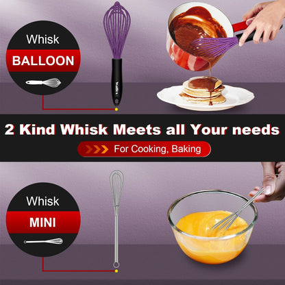 Whisk, Silicone Whisk Heat Resistant (480°F) Kitchen Whisks Set of 4- Professional Whisks For Cooking Non Scratch, Balloon Egg Whisk Perfect for Frothing, Blending, Beating