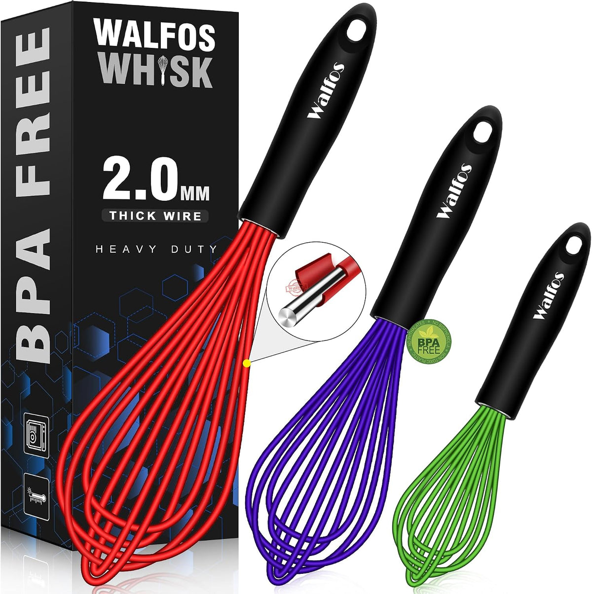 Whisk, Silicone Whisk Heat Resistant (480°F) Kitchen Whisks Set of 4- Professional Whisks For Cooking Non Scratch, Balloon Egg Whisk Perfect for Frothing, Blending, Beating
