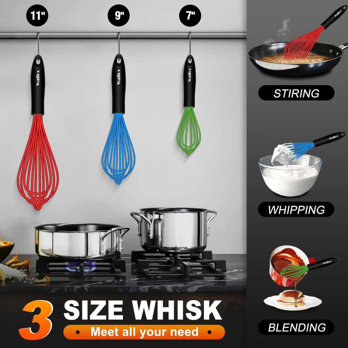 Whisk, Silicone Whisk Heat Resistant (480°F) Kitchen Whisks Set of 4- Professional Whisks For Cooking Non Scratch, Balloon Egg Whisk Perfect for Frothing, Blending, Beating