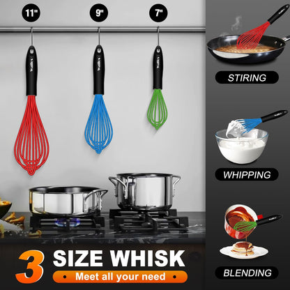 Whisk, Silicone Whisk Heat Resistant (480°F) Kitchen Whisks Set of 4- Professional Whisks For Cooking Non Scratch, Balloon Egg Whisk Perfect for Frothing, Blending, Beating