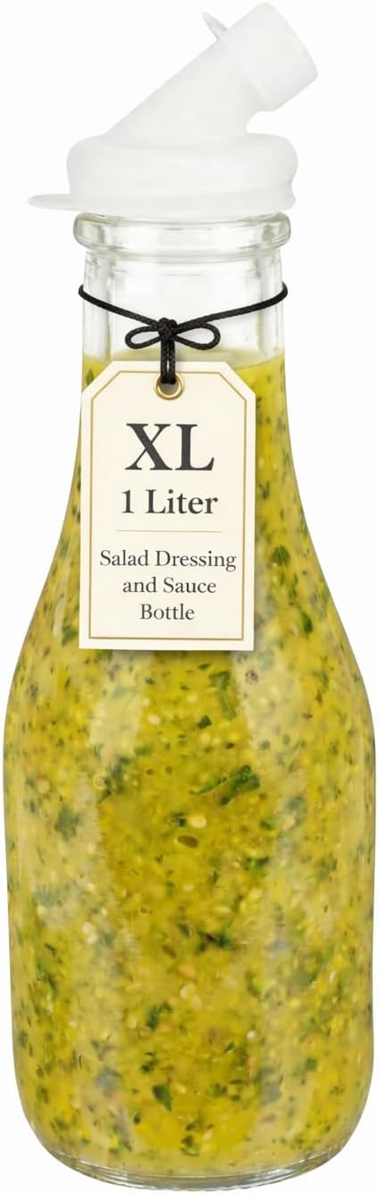 32oz Salad Dressing Shaker Bottle – Tall Glass Bottle Salad Dressing Dispenser Container with Tamper-Proof Lid – Ideal for Marinades and Sauces – 1 Pack