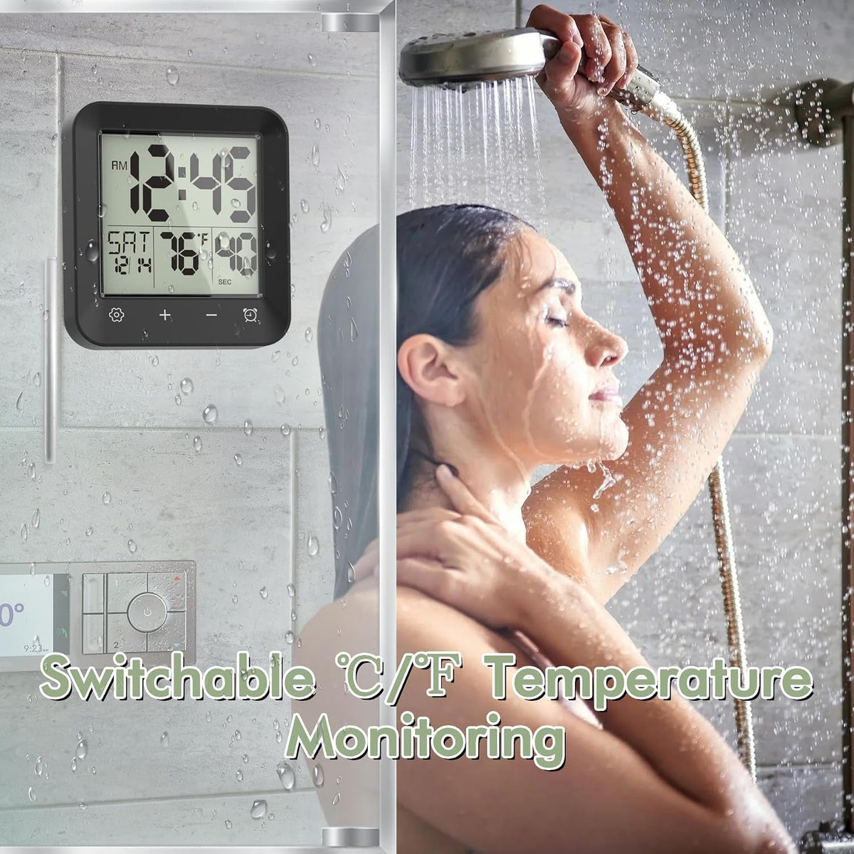 Waterproof Shower Clock, Digital Bathroom Kitchen Wall Clock Timer w/Temp.