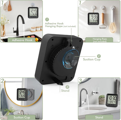 Waterproof Shower Clock, Digital Bathroom Kitchen Wall Clock Timer w/Temp.