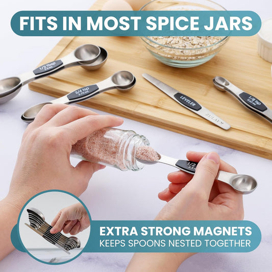Stackable Magnetic Spoons Set of 8 - Dual Sided Magnetic Measuring Spoons Set Fits In Spice Jars - Stainless Steel Measuring Spoons Magnetic For Dry and Liquid Ingredients (Black)