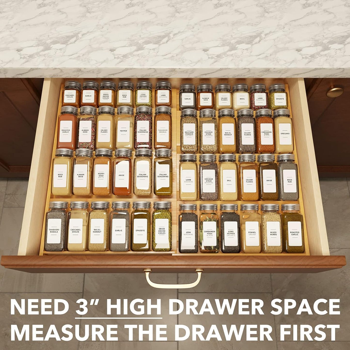 Bamboo Spice Drawer Organizer, (Need 3" Deep Drawer) Expandable 4 Tier Spices Rack for Cabinet, Kitchen Seasoning Storage Insert (Jars Not Included, From 12" to 23" Wide)