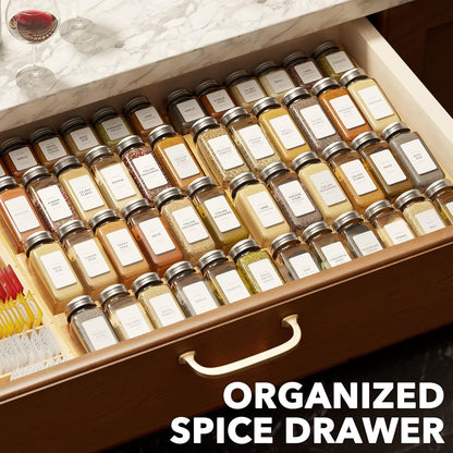 Bamboo Spice Drawer Organizer, (Need 3" Deep Drawer) Expandable 4 Tier Spices Rack for Cabinet, Kitchen Seasoning Storage Insert (Jars Not Included, From 12" to 23" Wide)