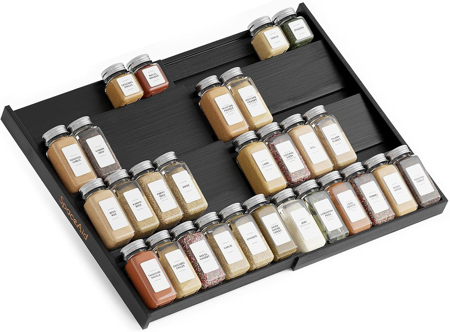 Bamboo Spice Drawer Organizer, (Need 3" Deep Drawer) Expandable 4 Tier Spices Rack for Cabinet, Kitchen Seasoning Storage Insert (Jars Not Included, From 12" to 23" Wide)
