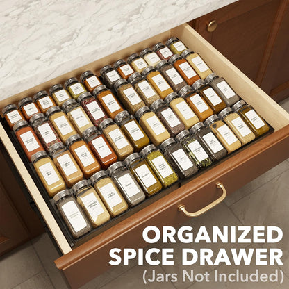 Bamboo Spice Drawer Organizer, (Need 3" Deep Drawer) Expandable 4 Tier Spices Rack for Cabinet, Kitchen Seasoning Storage Insert (Jars Not Included, From 12" to 23" Wide)
