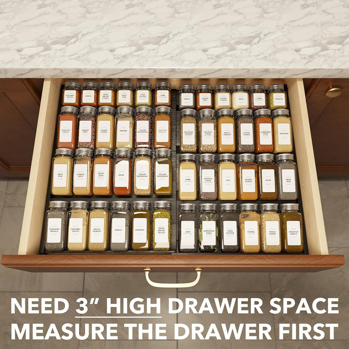 Bamboo Spice Drawer Organizer, (Need 3" Deep Drawer) Expandable 4 Tier Spices Rack for Cabinet, Kitchen Seasoning Storage Insert (Jars Not Included, From 12" to 23" Wide)