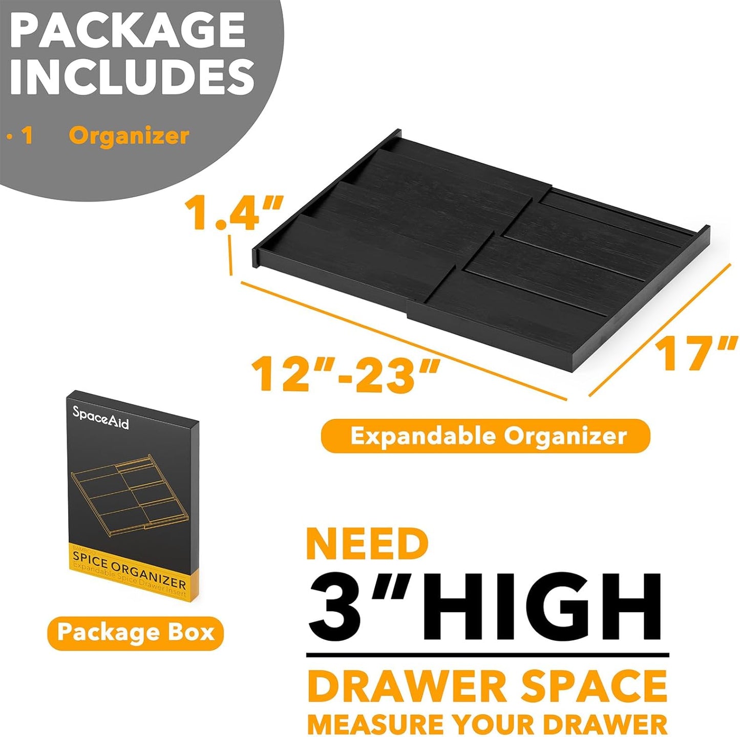 Bamboo Spice Drawer Organizer, (Need 3" Deep Drawer) Expandable 4 Tier Spices Rack for Cabinet, Kitchen Seasoning Storage Insert (Jars Not Included, From 12" to 23" Wide)