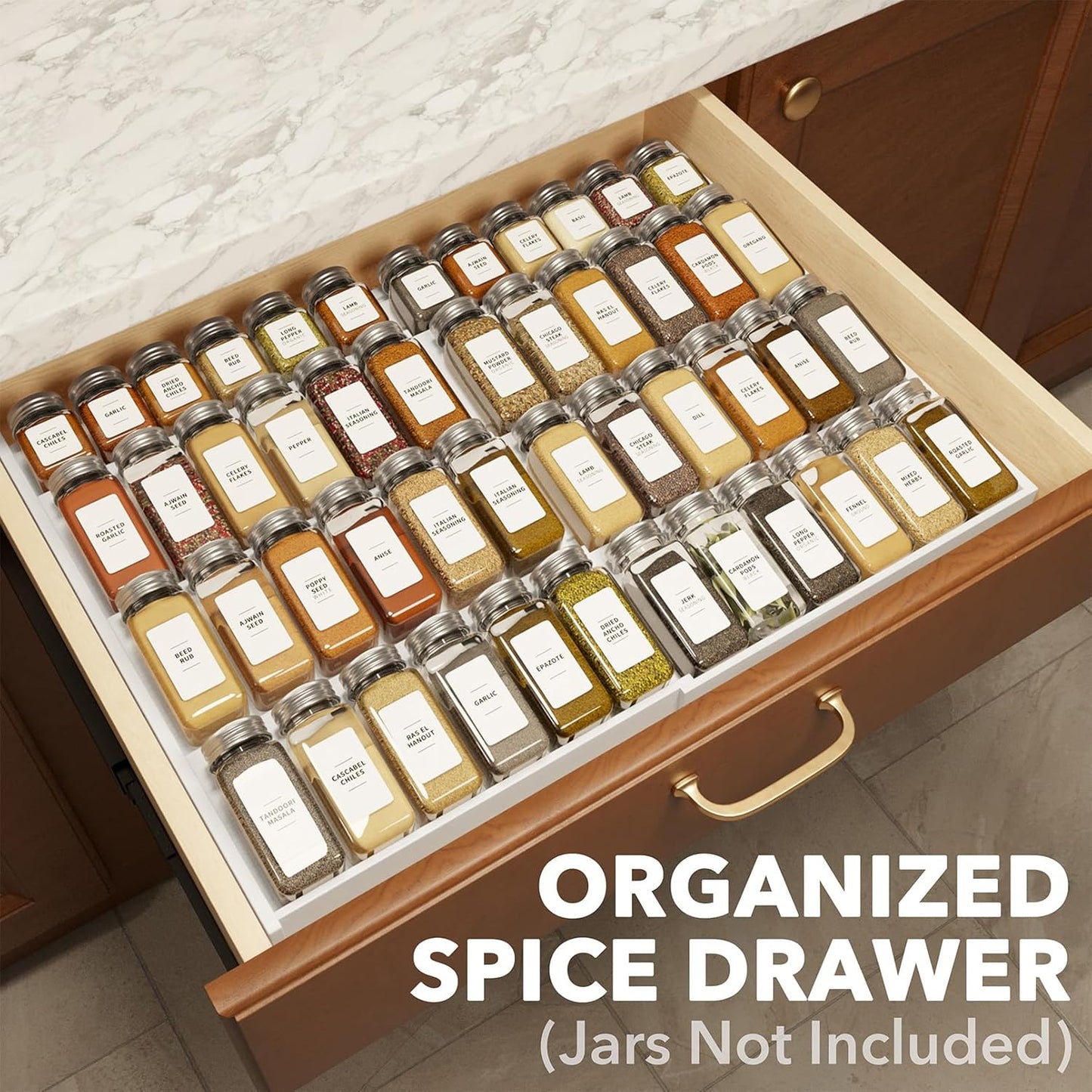 Bamboo Spice Drawer Organizer, (Need 3" Deep Drawer) Expandable 4 Tier Spices Rack for Cabinet, Kitchen Seasoning Storage Insert (Jars Not Included, From 12" to 23" Wide)