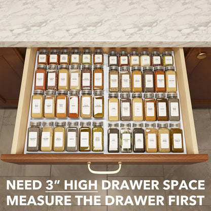Bamboo Spice Drawer Organizer, (Need 3" Deep Drawer) Expandable 4 Tier Spices Rack for Cabinet, Kitchen Seasoning Storage Insert (Jars Not Included, From 12" to 23" Wide)