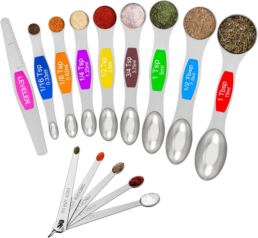 Stainless Steel Magnetic Measuring Spoons with Strong Magnets, 14pc | Including 8 Double Sided Magnetic Measuring Spoons, Leveler and 5 Mini Spoons for Spice Jar and Liquid Measuring, Multicolor