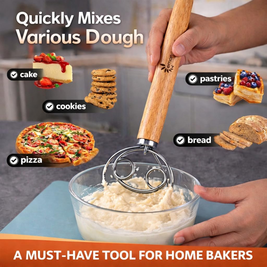 Danish Dough Whisk for Sourdough Bread – 13 Inch 2 Loop Stainless Steel Dutch Bread Whisk – Heavy Duty Dough Mixer for Bread Pizza Pastry Cookies – Ergonomic Oak Handle BPA Free