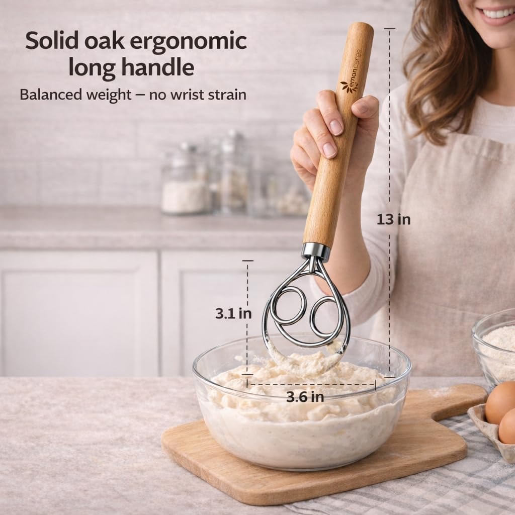 Danish Dough Whisk for Sourdough Bread – 13 Inch 2 Loop Stainless Steel Dutch Bread Whisk – Heavy Duty Dough Mixer for Bread Pizza Pastry Cookies – Ergonomic Oak Handle BPA Free