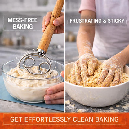 Danish Dough Whisk for Sourdough Bread – 13 Inch 2 Loop Stainless Steel Dutch Bread Whisk – Heavy Duty Dough Mixer for Bread Pizza Pastry Cookies – Ergonomic Oak Handle BPA Free