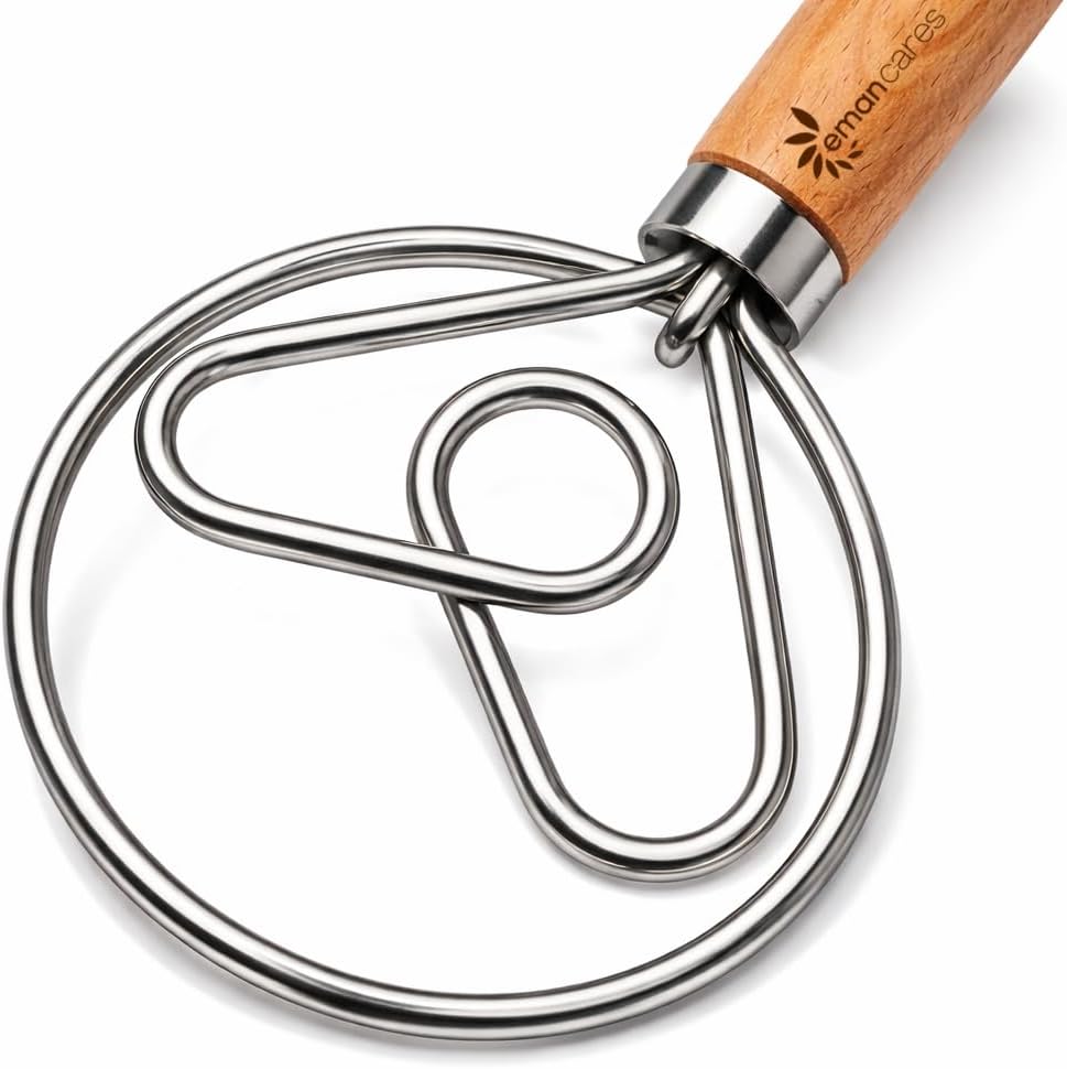 Danish Dough Whisk for Sourdough Bread – 13 Inch 2 Loop Stainless Steel Dutch Bread Whisk – Heavy Duty Dough Mixer for Bread Pizza Pastry Cookies – Ergonomic Oak Handle BPA Free