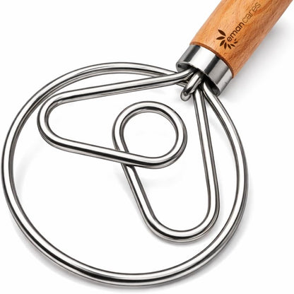 Danish Dough Whisk for Sourdough Bread – 13 Inch 2 Loop Stainless Steel Dutch Bread Whisk – Heavy Duty Dough Mixer for Bread Pizza Pastry Cookies – Ergonomic Oak Handle BPA Free