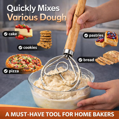 Danish Dough Whisk for Sourdough Bread – 13 Inch 2 Loop Stainless Steel Dutch Bread Whisk – Heavy Duty Dough Mixer for Bread Pizza Pastry Cookies – Ergonomic Oak Handle BPA Free