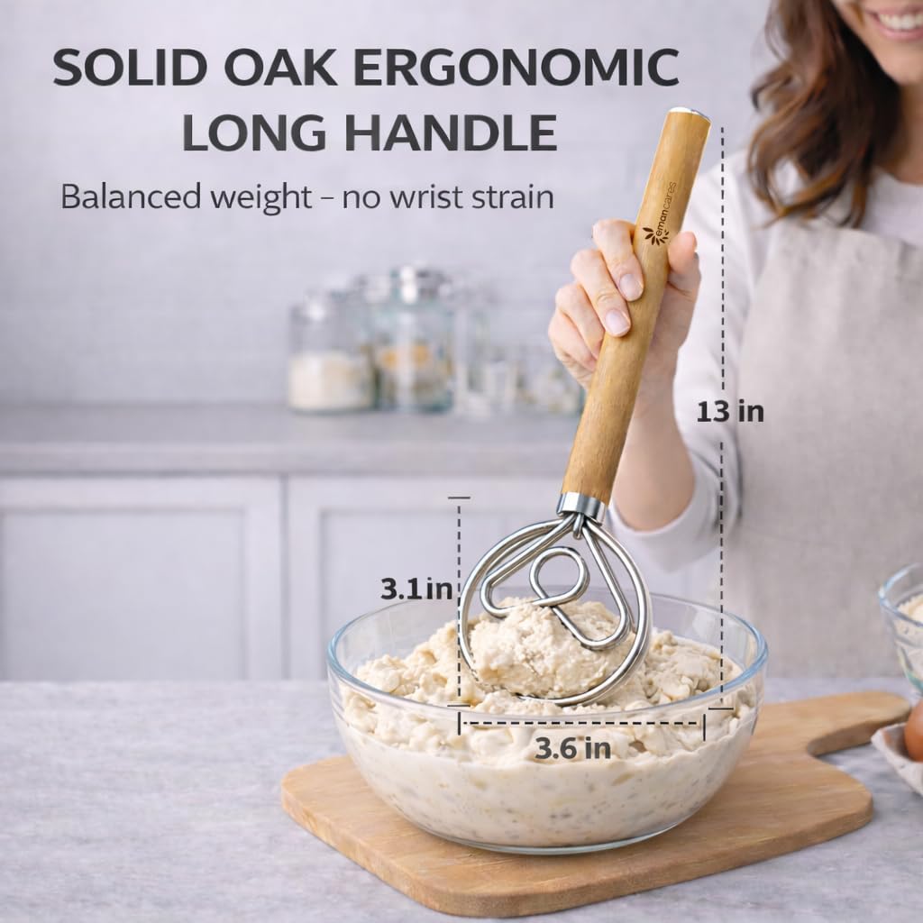 Danish Dough Whisk for Sourdough Bread – 13 Inch 2 Loop Stainless Steel Dutch Bread Whisk – Heavy Duty Dough Mixer for Bread Pizza Pastry Cookies – Ergonomic Oak Handle BPA Free