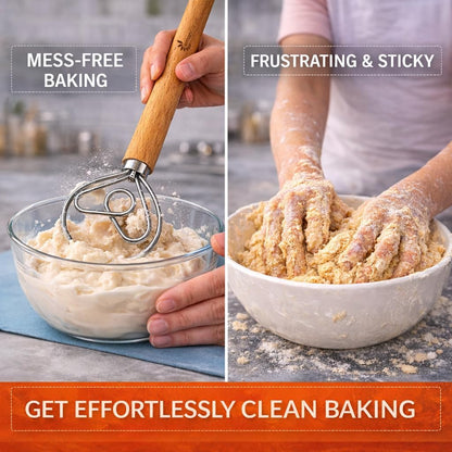 Danish Dough Whisk for Sourdough Bread – 13 Inch 2 Loop Stainless Steel Dutch Bread Whisk – Heavy Duty Dough Mixer for Bread Pizza Pastry Cookies – Ergonomic Oak Handle BPA Free