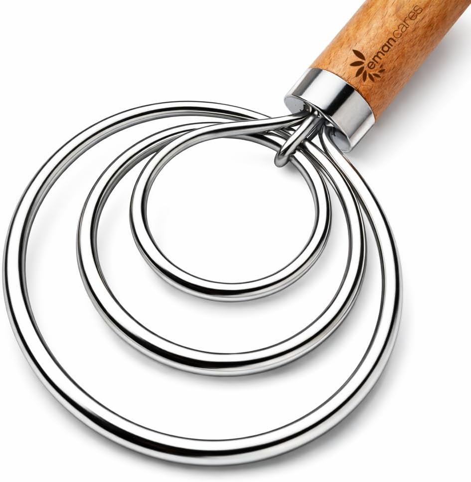 Danish Dough Whisk for Sourdough Bread – 13 Inch 2 Loop Stainless Steel Dutch Bread Whisk – Heavy Duty Dough Mixer for Bread Pizza Pastry Cookies – Ergonomic Oak Handle BPA Free