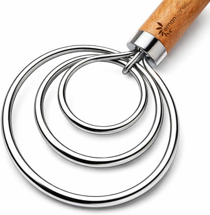 Danish Dough Whisk for Sourdough Bread – 13 Inch 2 Loop Stainless Steel Dutch Bread Whisk – Heavy Duty Dough Mixer for Bread Pizza Pastry Cookies – Ergonomic Oak Handle BPA Free