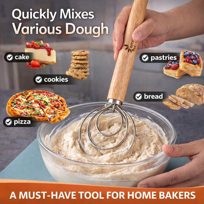 Danish Dough Whisk for Sourdough Bread – 13 Inch 2 Loop Stainless Steel Dutch Bread Whisk – Heavy Duty Dough Mixer for Bread Pizza Pastry Cookies – Ergonomic Oak Handle BPA Free