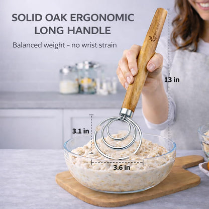 Danish Dough Whisk for Sourdough Bread – 13 Inch 2 Loop Stainless Steel Dutch Bread Whisk – Heavy Duty Dough Mixer for Bread Pizza Pastry Cookies – Ergonomic Oak Handle BPA Free