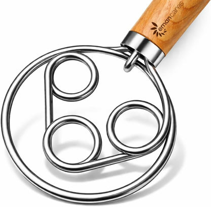 Danish Dough Whisk for Sourdough Bread – 13 Inch 2 Loop Stainless Steel Dutch Bread Whisk – Heavy Duty Dough Mixer for Bread Pizza Pastry Cookies – Ergonomic Oak Handle BPA Free