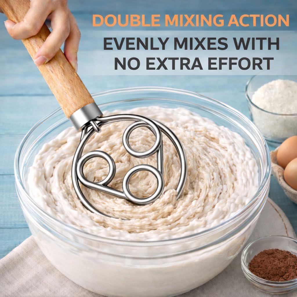 Danish Dough Whisk for Sourdough Bread – 13 Inch 2 Loop Stainless Steel Dutch Bread Whisk – Heavy Duty Dough Mixer for Bread Pizza Pastry Cookies – Ergonomic Oak Handle BPA Free