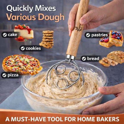 Danish Dough Whisk for Sourdough Bread – 13 Inch 2 Loop Stainless Steel Dutch Bread Whisk – Heavy Duty Dough Mixer for Bread Pizza Pastry Cookies – Ergonomic Oak Handle BPA Free