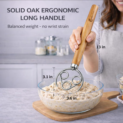 Danish Dough Whisk for Sourdough Bread – 13 Inch 2 Loop Stainless Steel Dutch Bread Whisk – Heavy Duty Dough Mixer for Bread Pizza Pastry Cookies – Ergonomic Oak Handle BPA Free