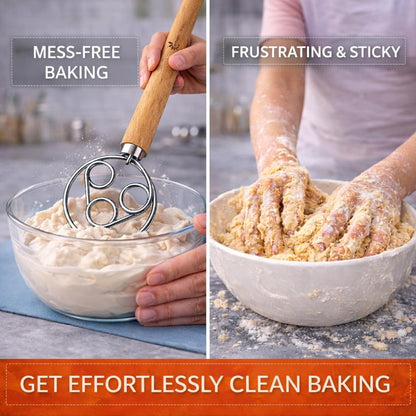 Danish Dough Whisk for Sourdough Bread – 13 Inch 2 Loop Stainless Steel Dutch Bread Whisk – Heavy Duty Dough Mixer for Bread Pizza Pastry Cookies – Ergonomic Oak Handle BPA Free