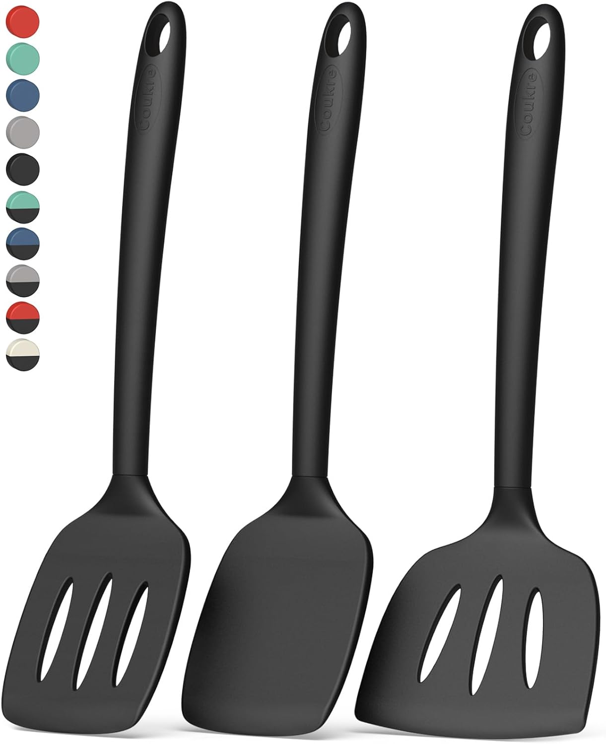 3 Pack Silicone Spatula Set, Heat Resistant to 500°F, BPA-Free | Fish Spatula, Solid & Slotted Turners, Dishwasher Safe, Spatula Set for Eggs, Pancakes, Fish & Burgers, PureBlack