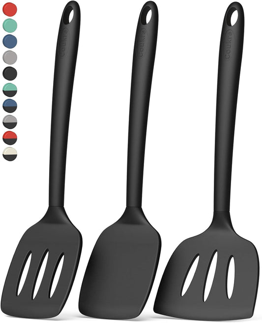 3 Pack Silicone Spatula Set, Heat Resistant to 500°F, BPA-Free | Fish Spatula, Solid & Slotted Turners, Dishwasher Safe, Spatula Set for Eggs, Pancakes, Fish & Burgers, PureBlack