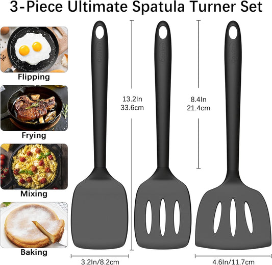 3 Pack Silicone Spatula Set, Heat Resistant to 500°F, BPA-Free | Fish Spatula, Solid & Slotted Turners, Dishwasher Safe, Spatula Set for Eggs, Pancakes, Fish & Burgers, PureBlack