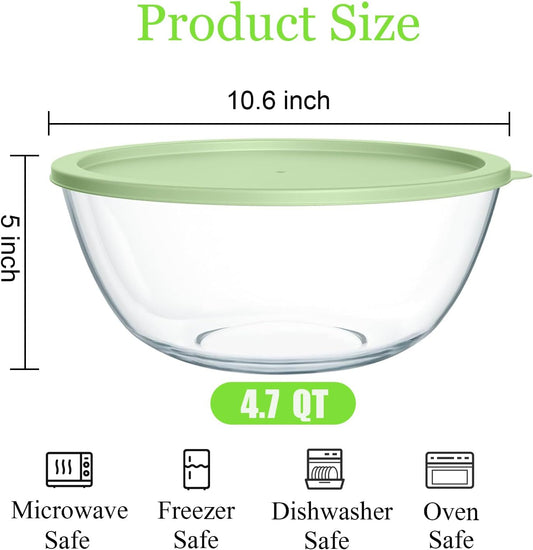 4.7 Qt Extra Large Glass Mixing Bowls, Clear Glass Bowl with Lid, Big Salad Bowl for Salad Fruit Bread Storage (4.7qt)