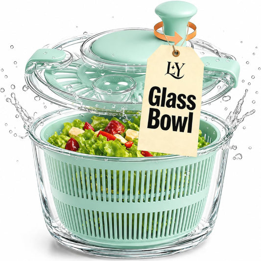 Large 5.2 Qt Glass Salad Spinner with Drain, Green | Microwave- and Dishwasher-Safe Glass Bowl, Transparent Lid, Crank Handle, Quick-Spin Salad Cleaner for Lettuce, Herbs & Fruit
