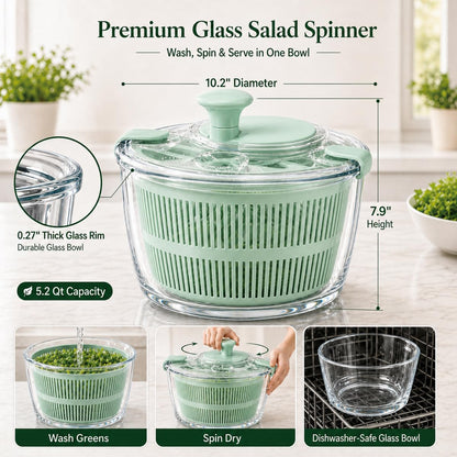 Large 5.2 Qt Glass Salad Spinner with Drain, Green | Microwave- and Dishwasher-Safe Glass Bowl, Transparent Lid, Crank Handle, Quick-Spin Salad Cleaner for Lettuce, Herbs & Fruit