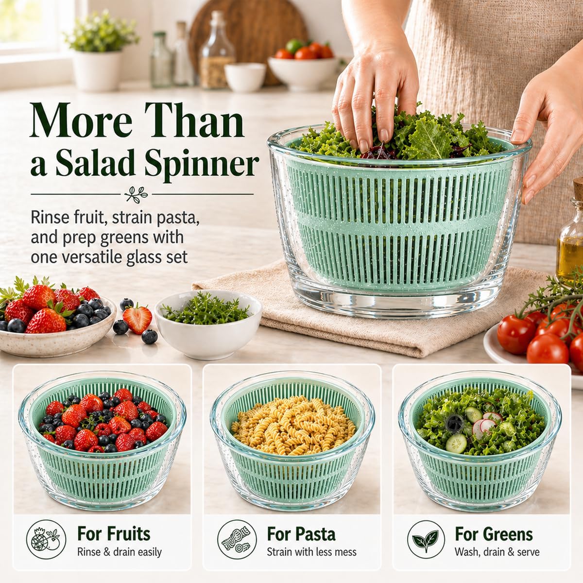 Large 5.2 Qt Glass Salad Spinner with Drain, Green | Microwave- and Dishwasher-Safe Glass Bowl, Transparent Lid, Crank Handle, Quick-Spin Salad Cleaner for Lettuce, Herbs & Fruit