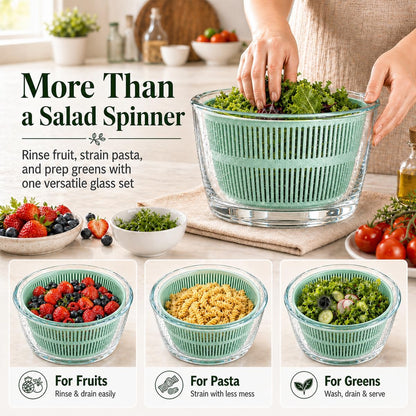 Large 5.2 Qt Glass Salad Spinner with Drain, Green | Microwave- and Dishwasher-Safe Glass Bowl, Transparent Lid, Crank Handle, Quick-Spin Salad Cleaner for Lettuce, Herbs & Fruit