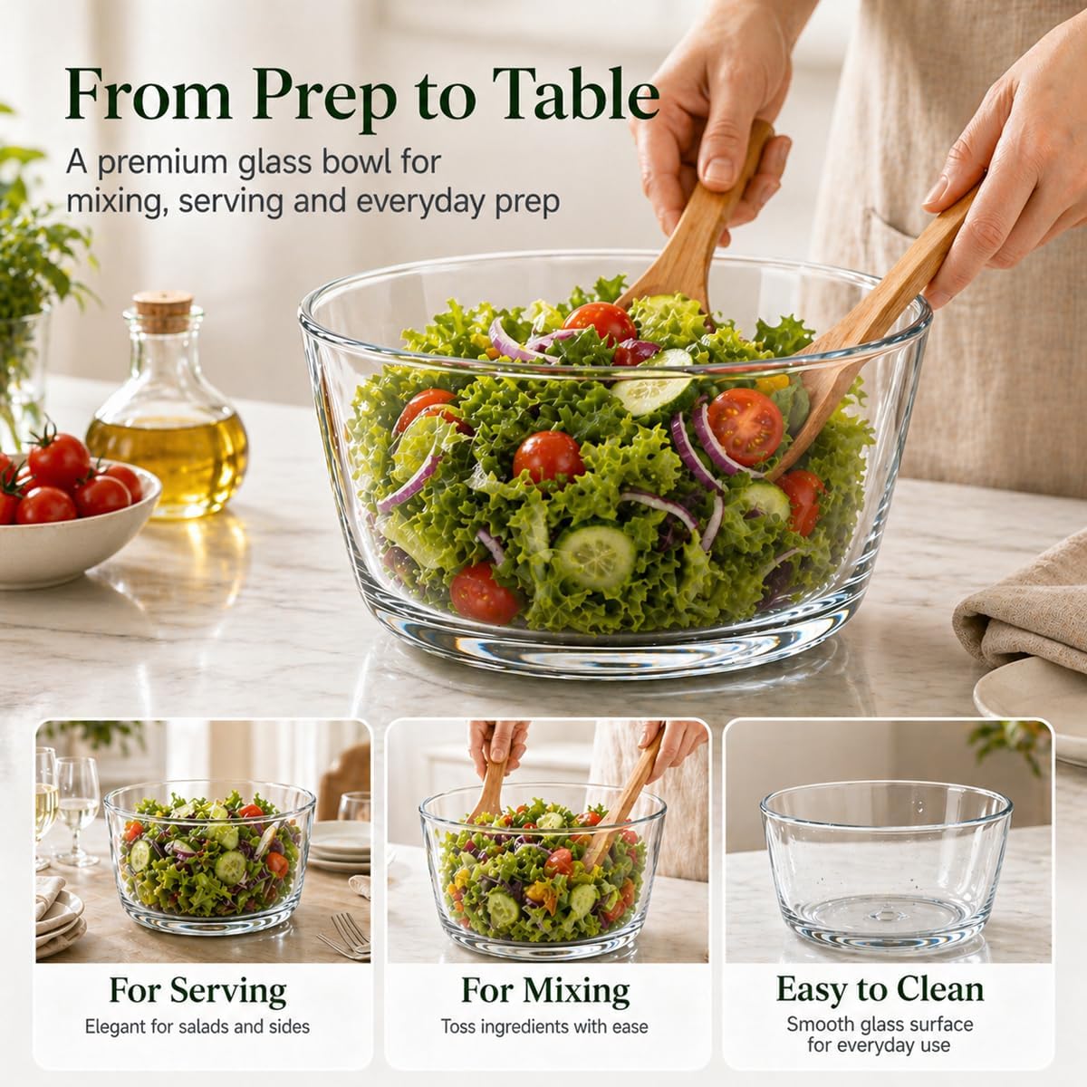Large 5.2 Qt Glass Salad Spinner with Drain, Green | Microwave- and Dishwasher-Safe Glass Bowl, Transparent Lid, Crank Handle, Quick-Spin Salad Cleaner for Lettuce, Herbs & Fruit
