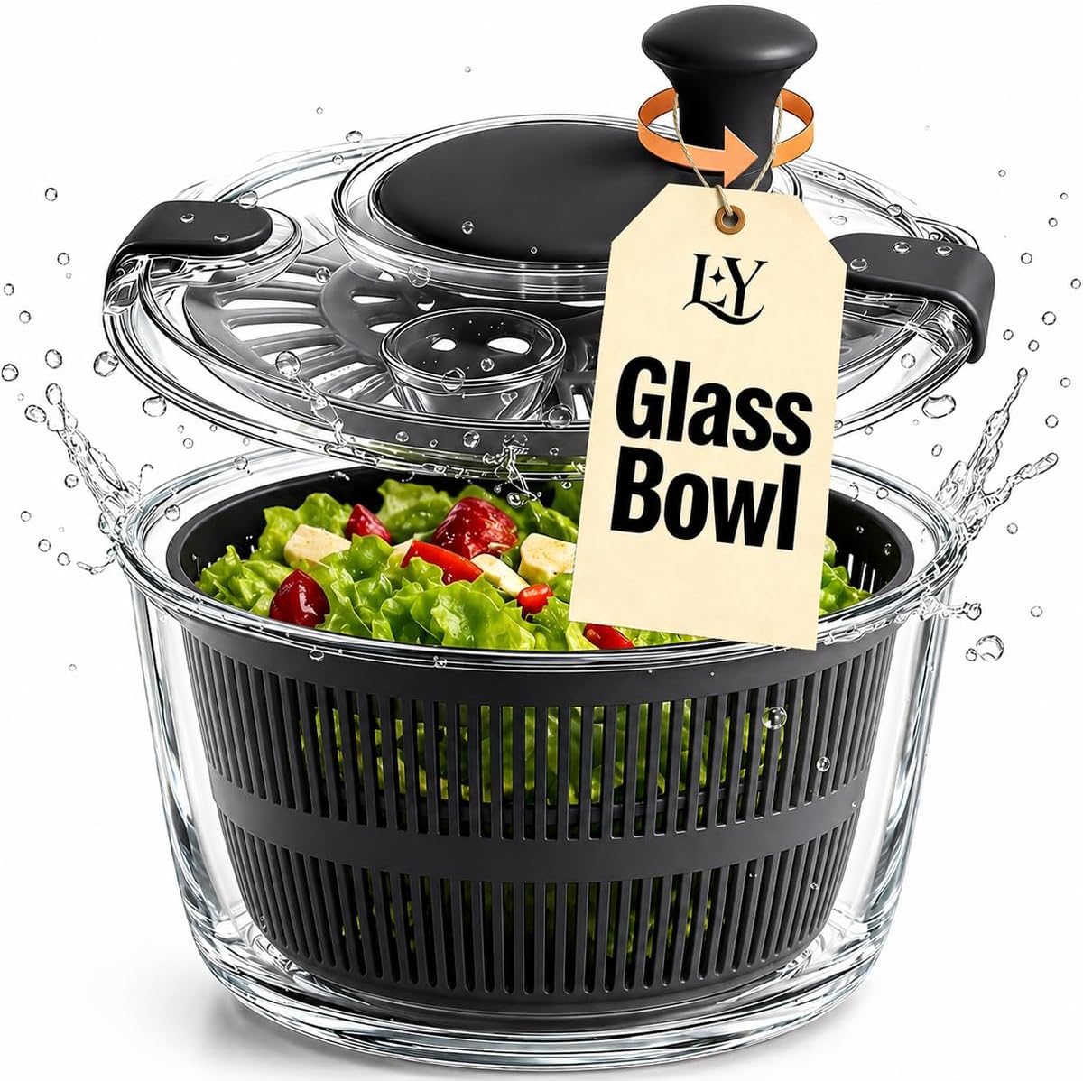 Large 5.2 Qt Glass Salad Spinner with Drain, Green | Microwave- and Dishwasher-Safe Glass Bowl, Transparent Lid, Crank Handle, Quick-Spin Salad Cleaner for Lettuce, Herbs & Fruit