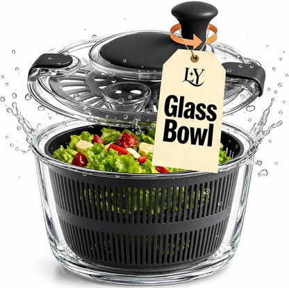 Large 5.2 Qt Glass Salad Spinner with Drain, Green | Microwave- and Dishwasher-Safe Glass Bowl, Transparent Lid, Crank Handle, Quick-Spin Salad Cleaner for Lettuce, Herbs & Fruit