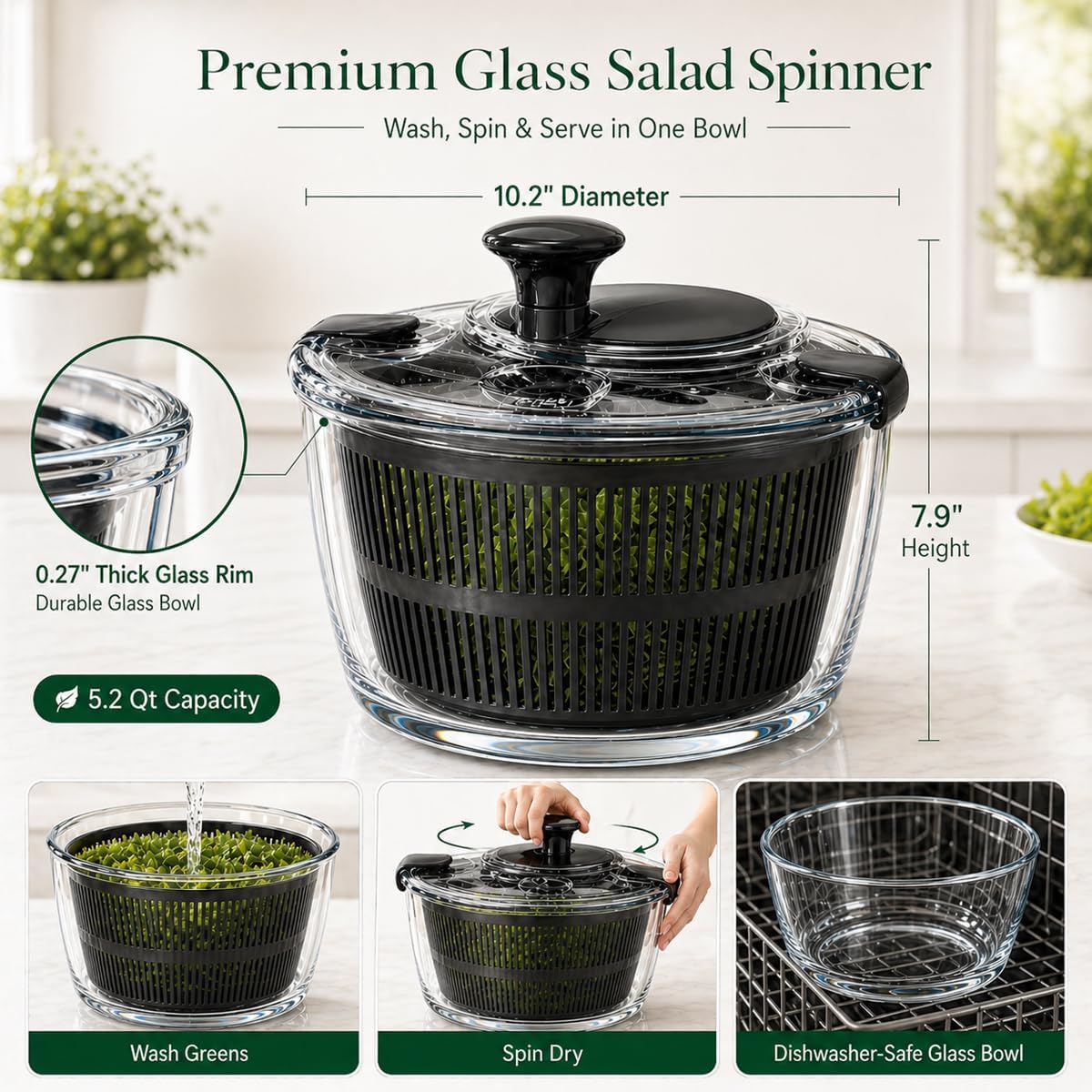 Large 5.2 Qt Glass Salad Spinner with Drain, Green | Microwave- and Dishwasher-Safe Glass Bowl, Transparent Lid, Crank Handle, Quick-Spin Salad Cleaner for Lettuce, Herbs & Fruit