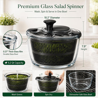 Large 5.2 Qt Glass Salad Spinner with Drain, Green | Microwave- and Dishwasher-Safe Glass Bowl, Transparent Lid, Crank Handle, Quick-Spin Salad Cleaner for Lettuce, Herbs & Fruit