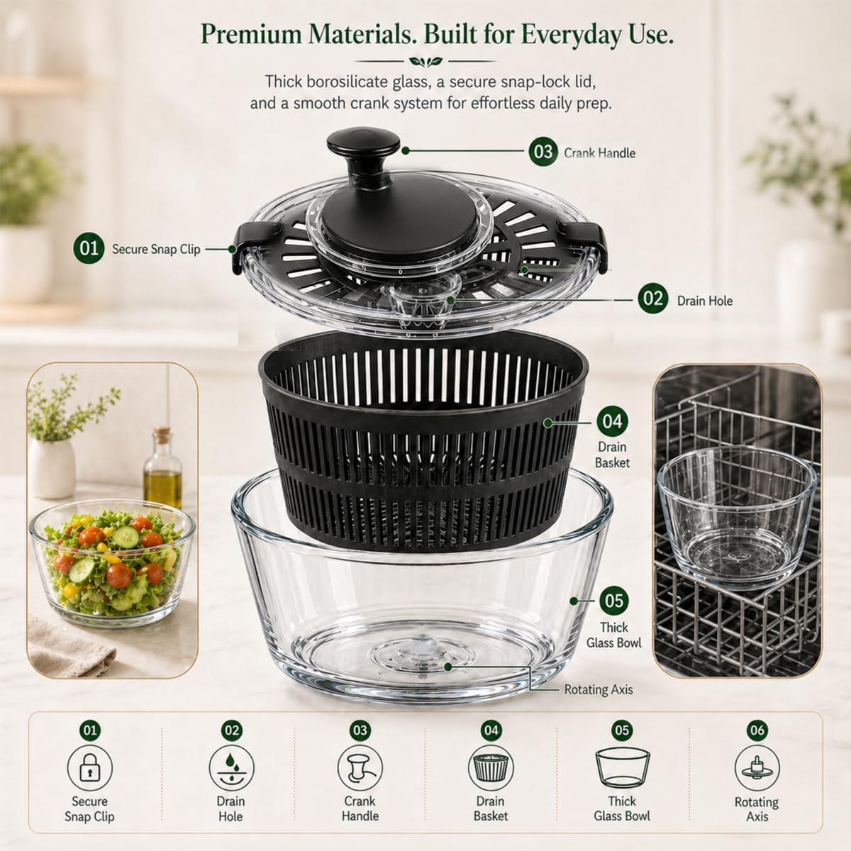 Large 5.2 Qt Glass Salad Spinner with Drain, Green | Microwave- and Dishwasher-Safe Glass Bowl, Transparent Lid, Crank Handle, Quick-Spin Salad Cleaner for Lettuce, Herbs & Fruit