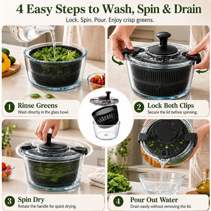 Large 5.2 Qt Glass Salad Spinner with Drain, Green | Microwave- and Dishwasher-Safe Glass Bowl, Transparent Lid, Crank Handle, Quick-Spin Salad Cleaner for Lettuce, Herbs & Fruit